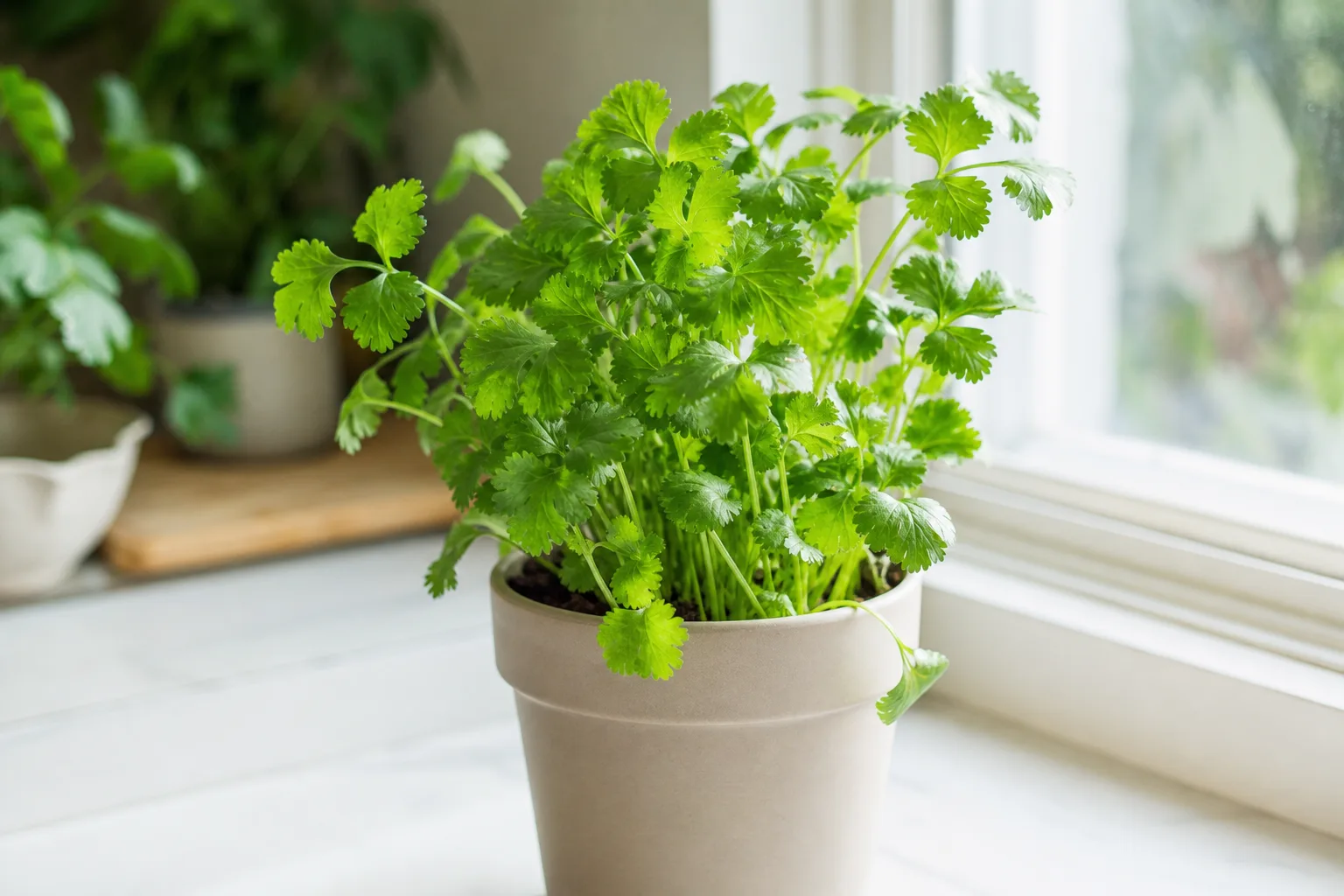 Cilantro plant with fresh green leaves in an indoor pot