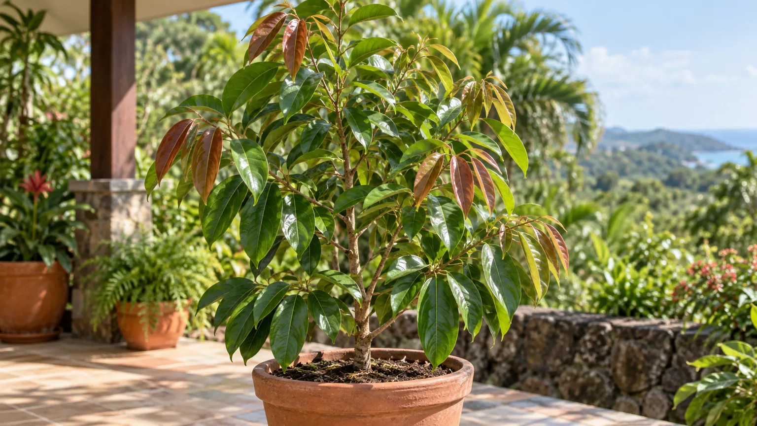 Healthy cinnamon plant with glossy leaves and reddish new growth