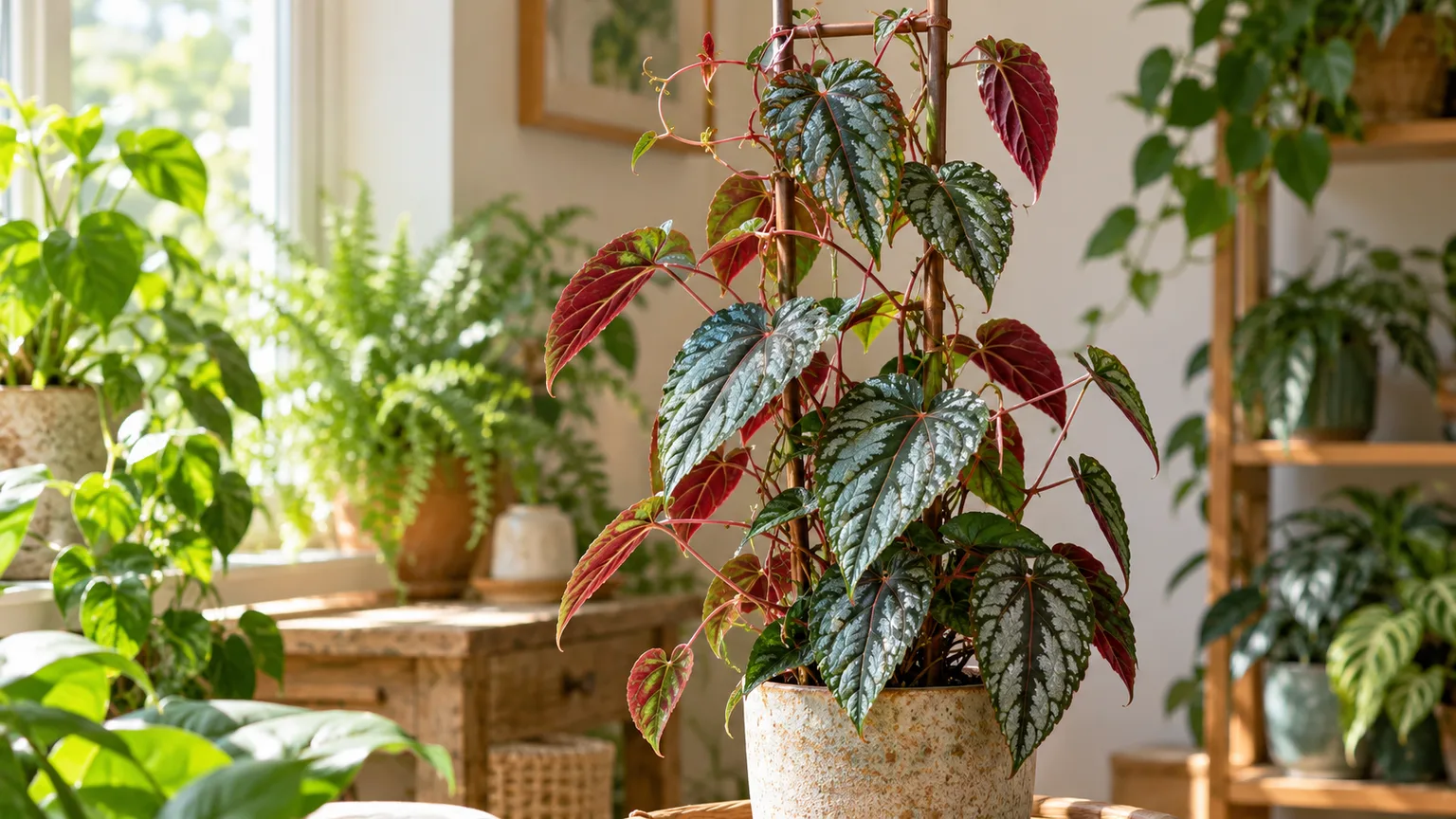 Healthy Cissus discolor vine with silver-patterned leaves and burgundy undersides on a small trellis