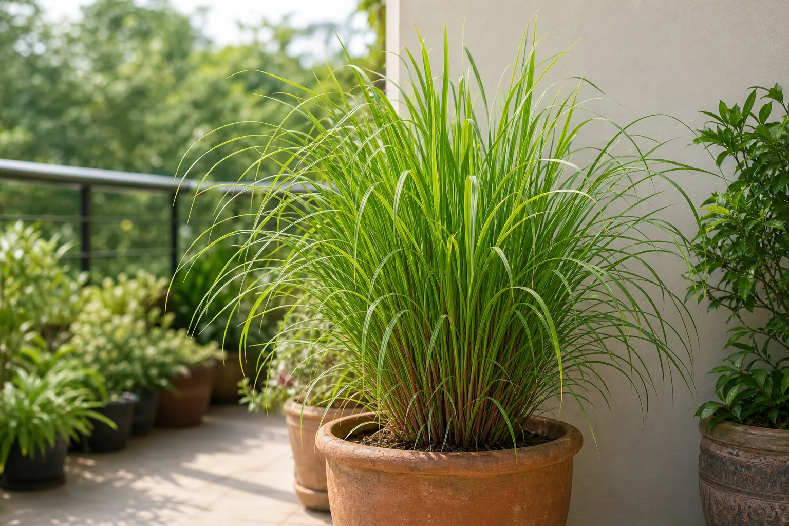 Healthy citronella grass growing in a large terracotta pot on a bright outdoor patio