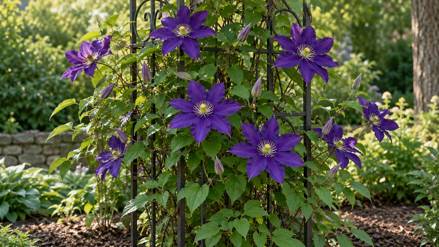 Healthy Jackman’s clematis with deep violet flowers climbing a garden trellis