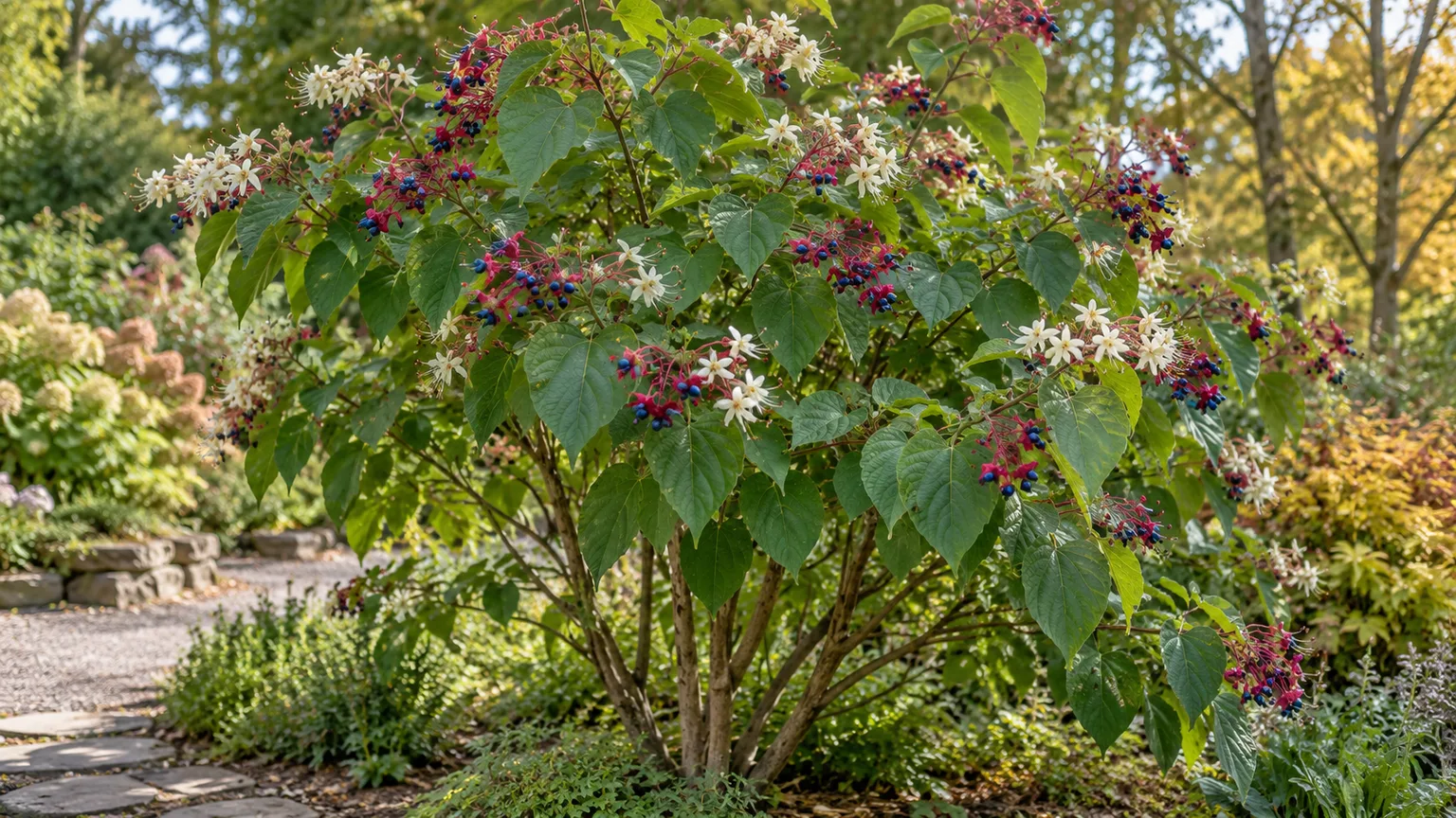 Harlequin glorybower with white flowers and vivid blue berries held by red calyces