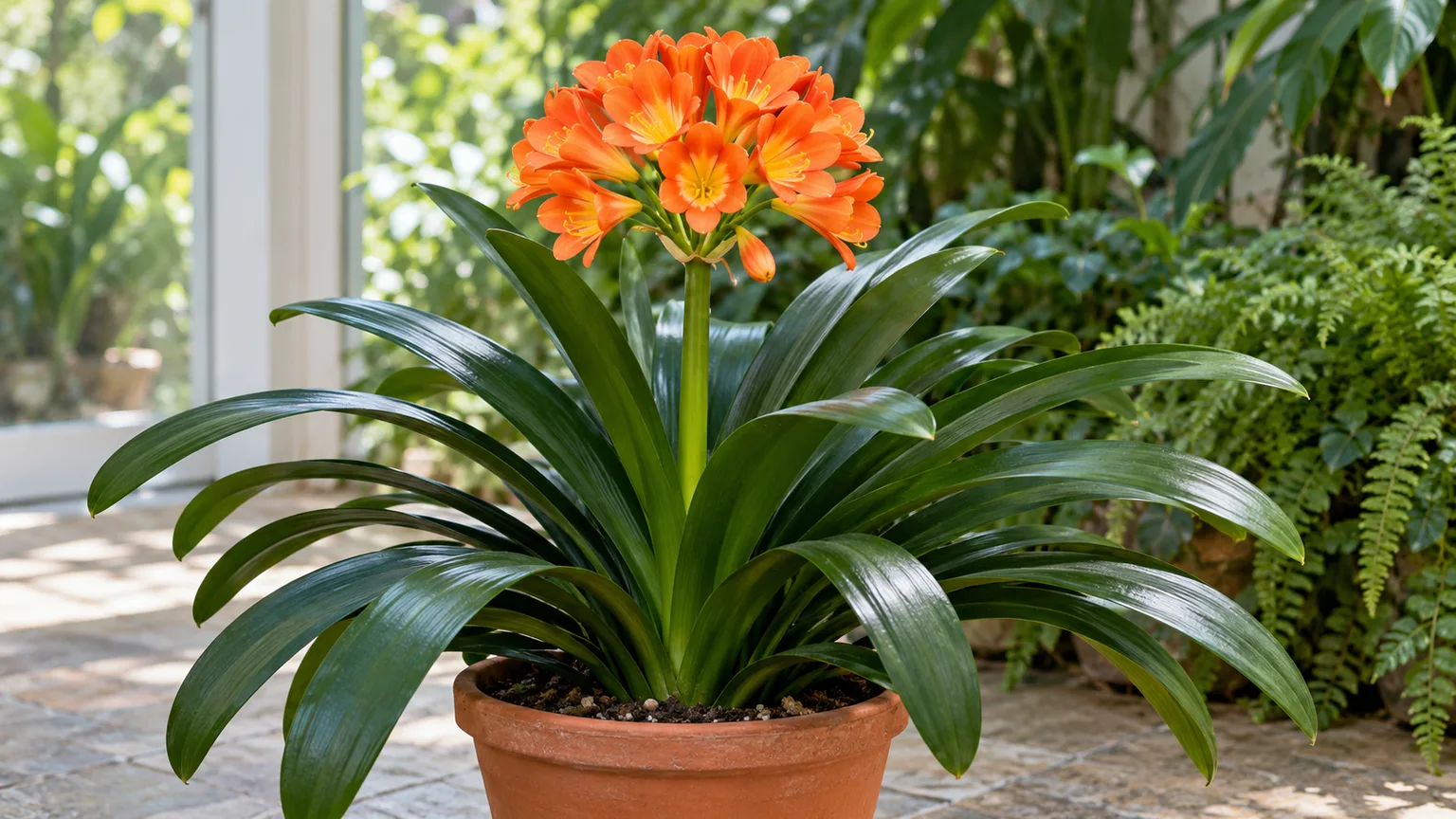 Orange-flowered Clivia miniata with glossy, strap-shaped leaves