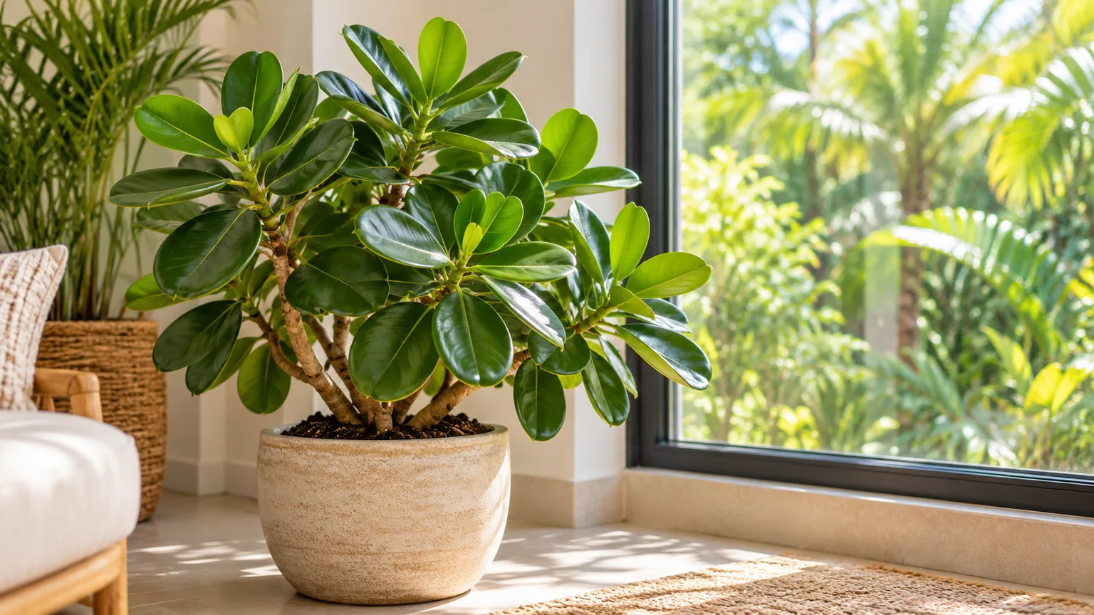Healthy autograph tree with thick glossy green leaves in a bright indoor corner