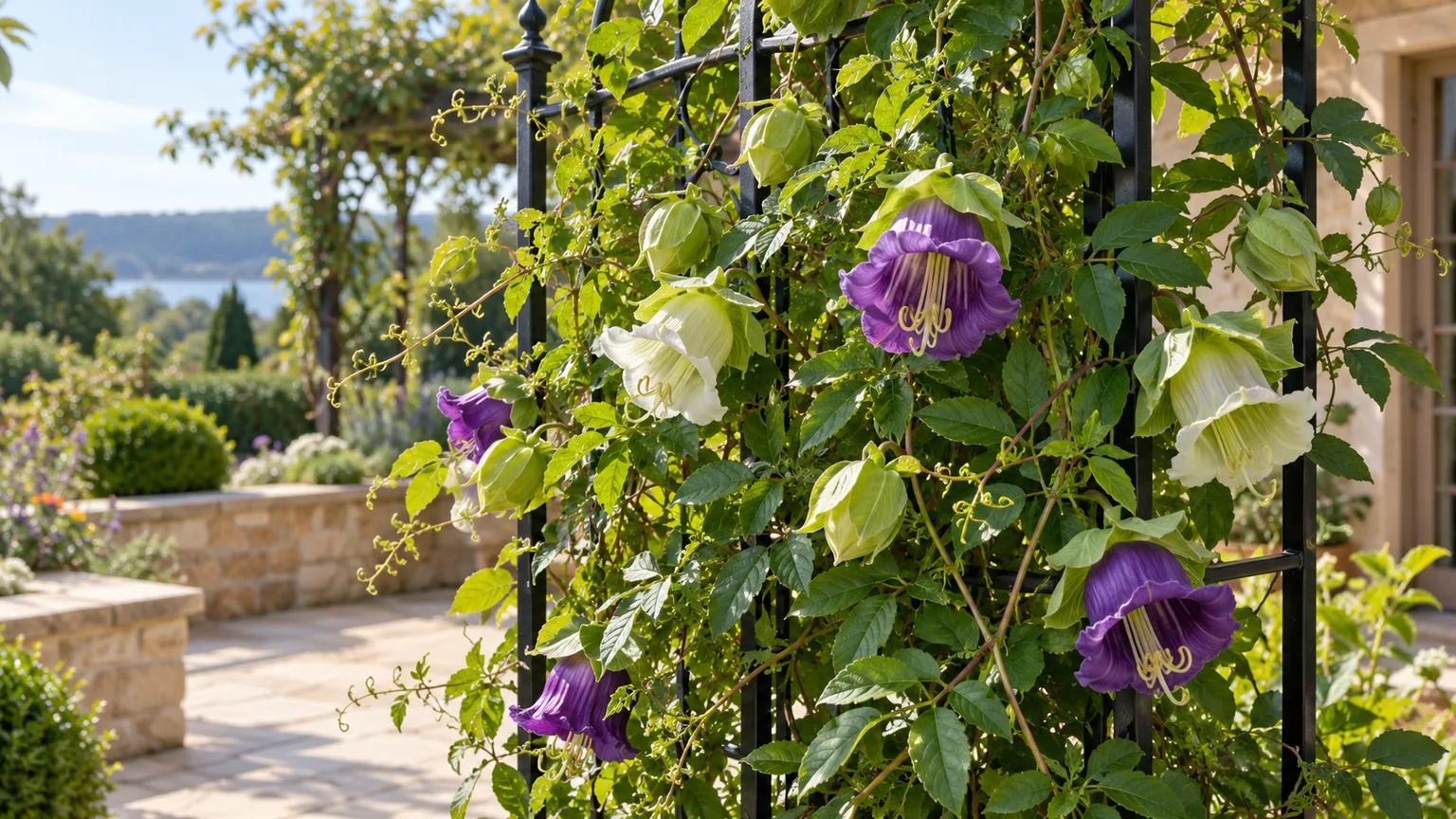 Cup-and-saucer vine climbing a trellis with greenish-white and purple bell-shaped flowers