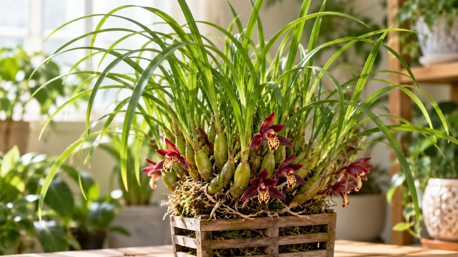 Coconut orchid with narrow arching leaves and small maroon flowers growing in an open basket