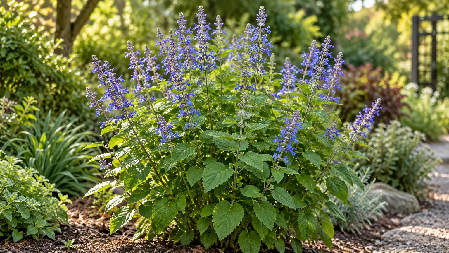 Healthy blue spur flower with violet spikes growing in an outdoor garden