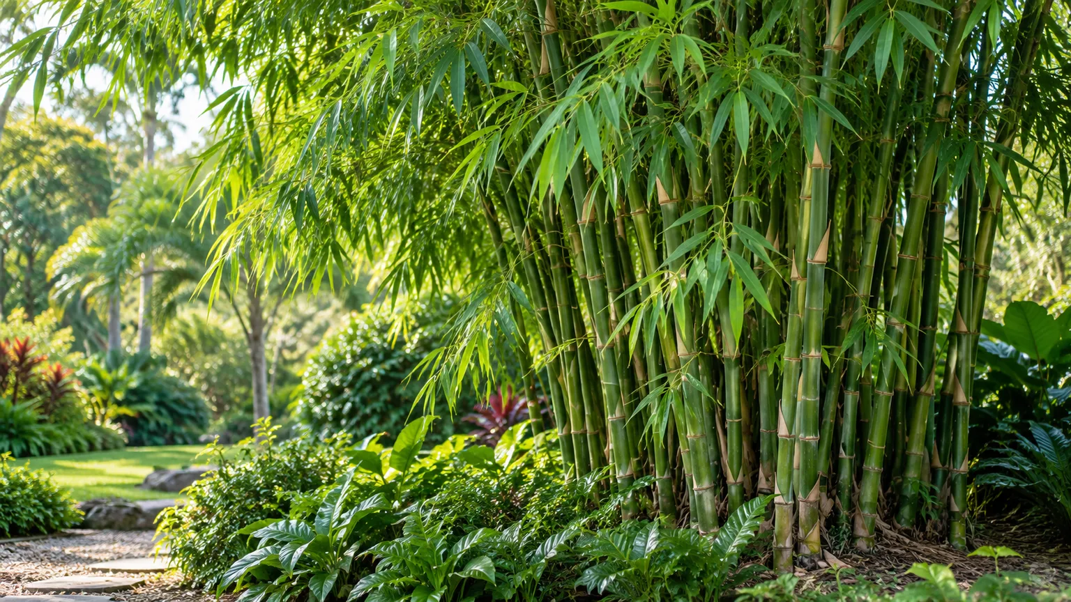 Mature common bamboo with upright green jointed culms and a leafy canopy in a warm garden.