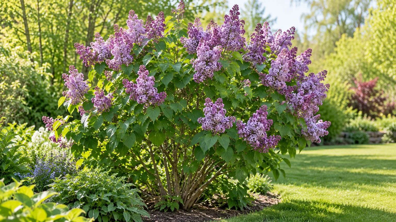 Mature common lilac shrub with purple flower panicles in a sunny garden