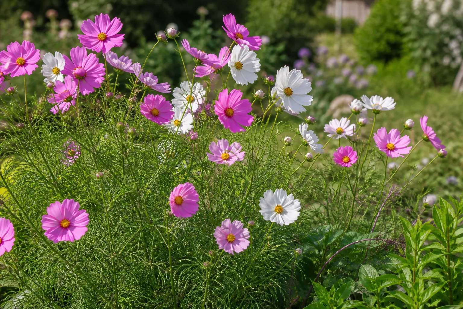 Pink cosmos flowers with feathery foliage in a cottage garden