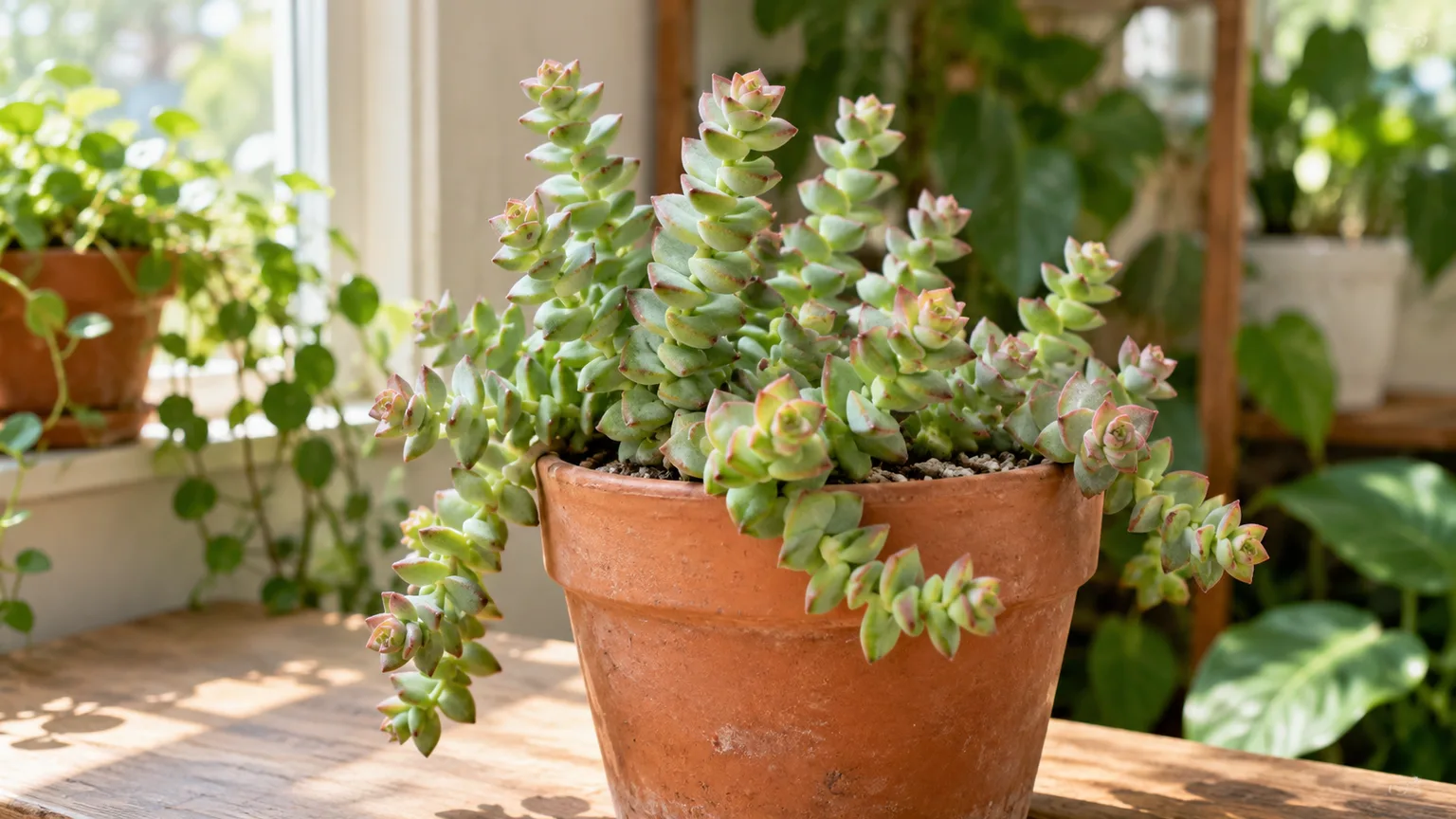 Healthy Crassula perforata with stacked gray-green leaves and rosy margins in a terracotta pot