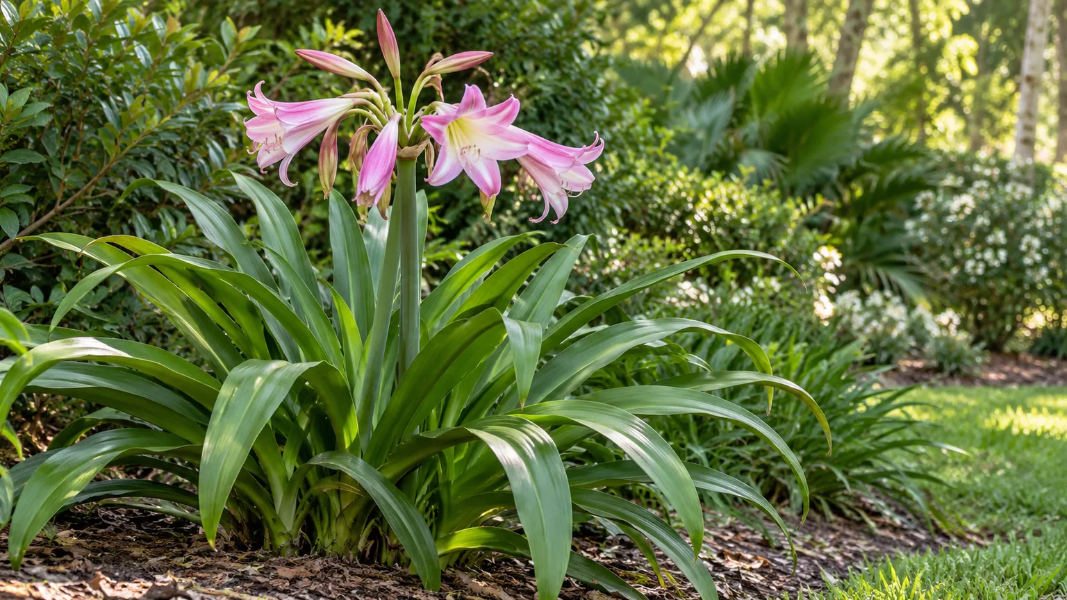 Mature crinum lily with strap-shaped leaves and pink trumpet flowers in a garden