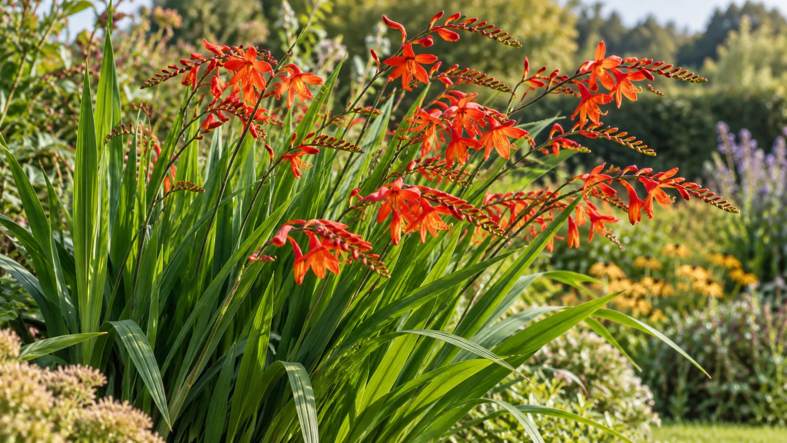 Healthy crocosmia with scarlet-orange tubular blooms above sword-shaped foliage in a summer garden