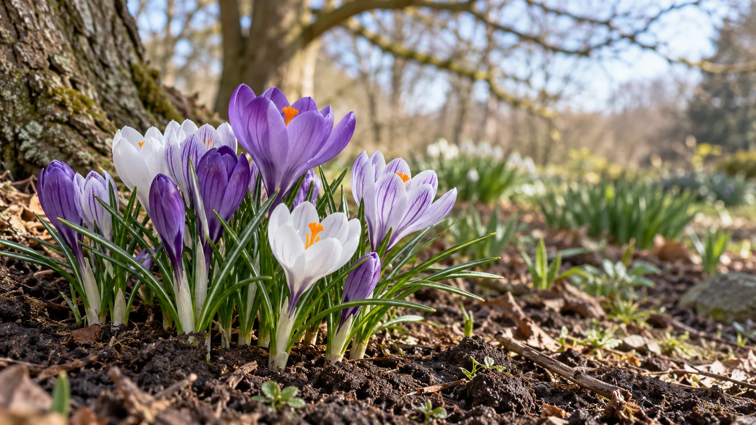 Purple and white spring crocuses blooming in a well-drained garden bed