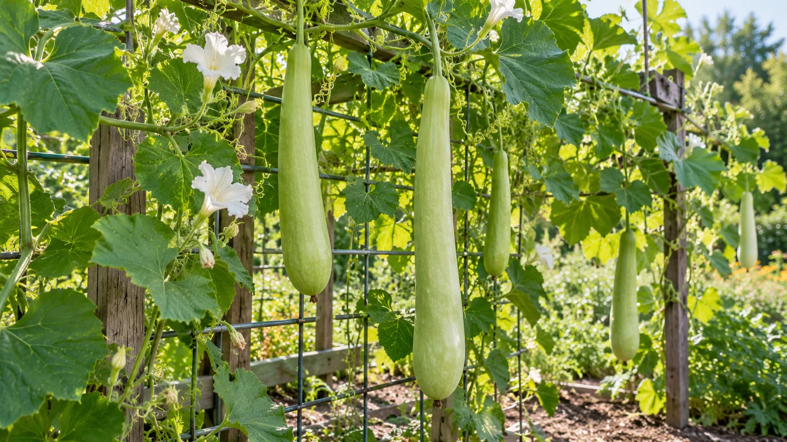 Healthy cucuzza vine with pale-green edible gourds hanging from a garden trellis