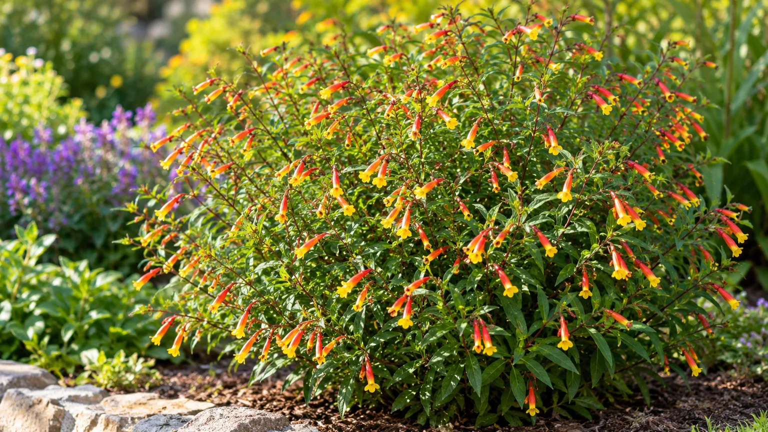 Healthy candy corn plant with yellow and orange tubular flowers in a sunny garden