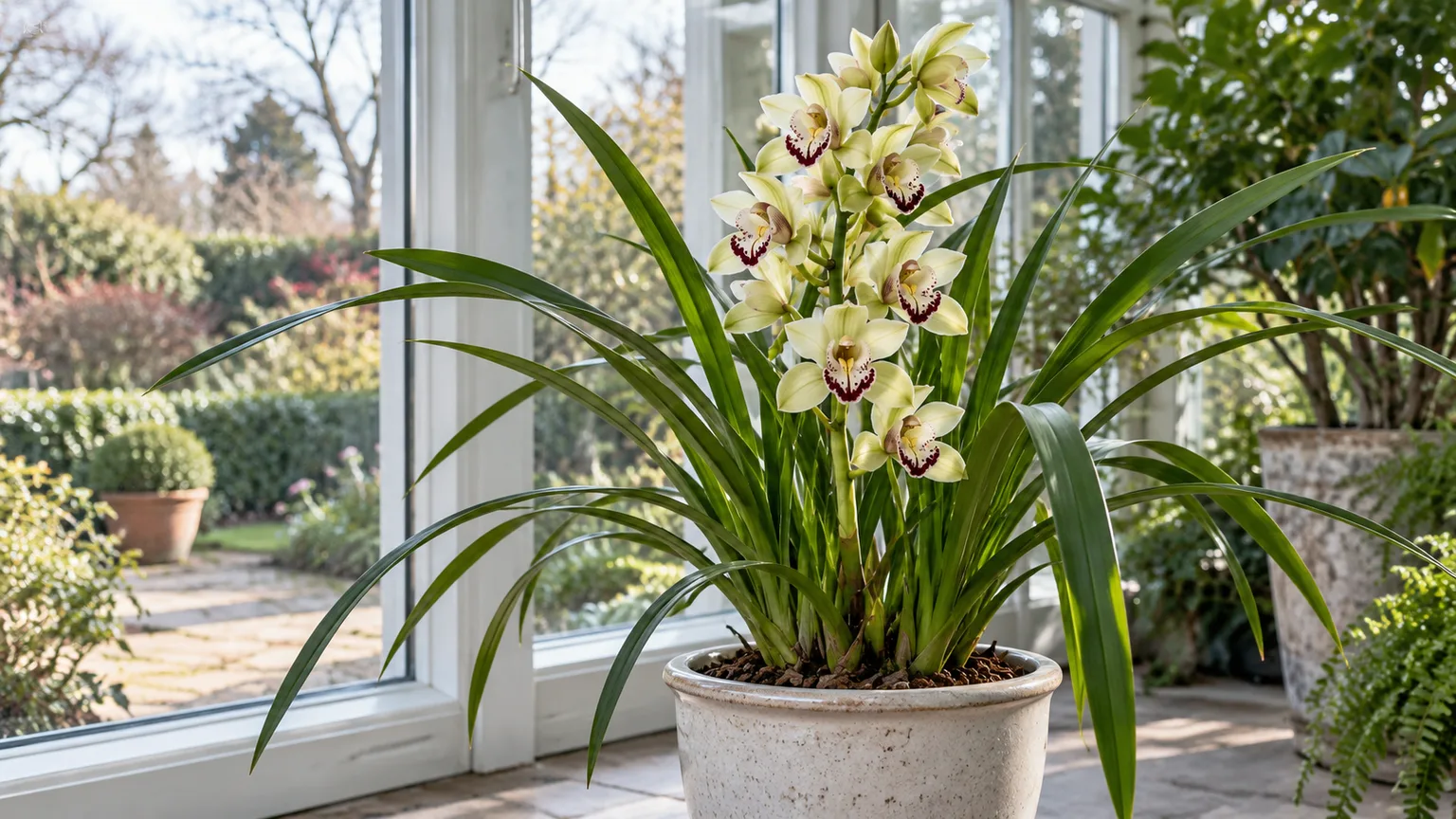 Healthy Cymbidium orchid with cream flowers and burgundy markings in a bright conservatory