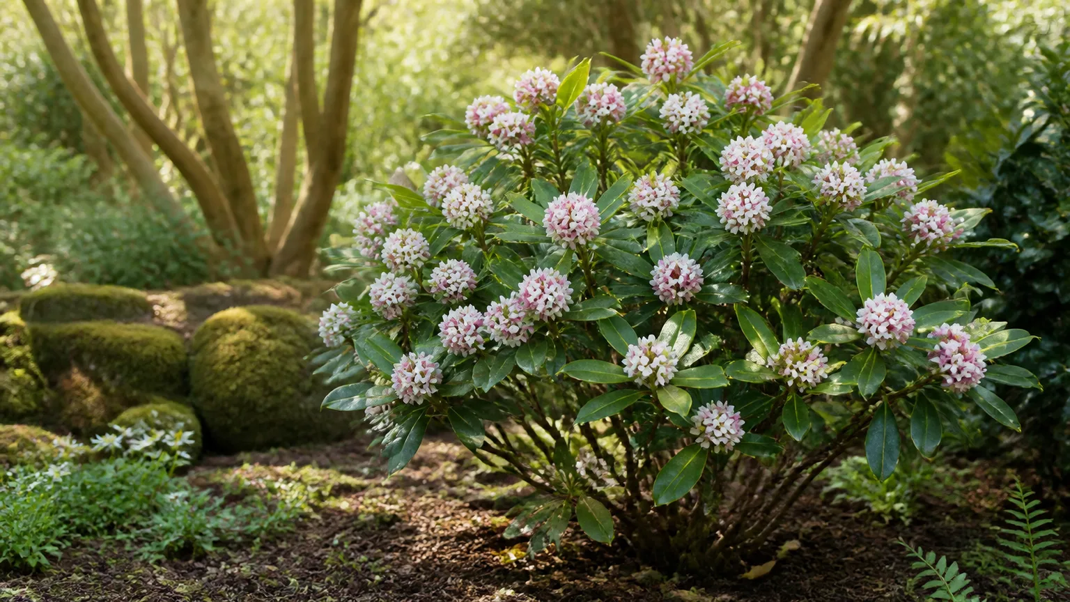 Healthy winter Daphne shrub with glossy leaves and pale pink flowers in a sheltered woodland garden