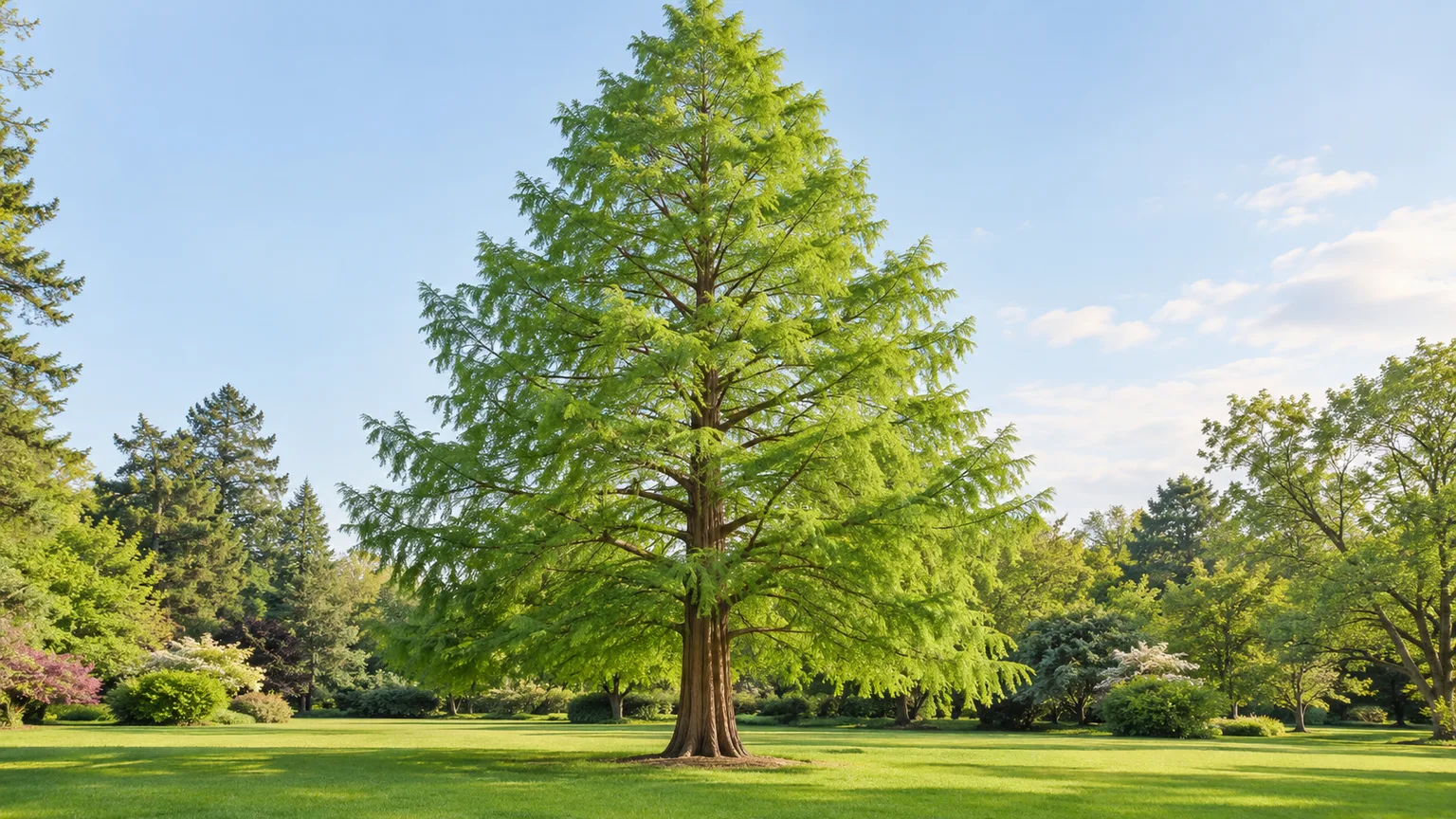 A mature dawn redwood with soft green foliage and its tall pyramidal form