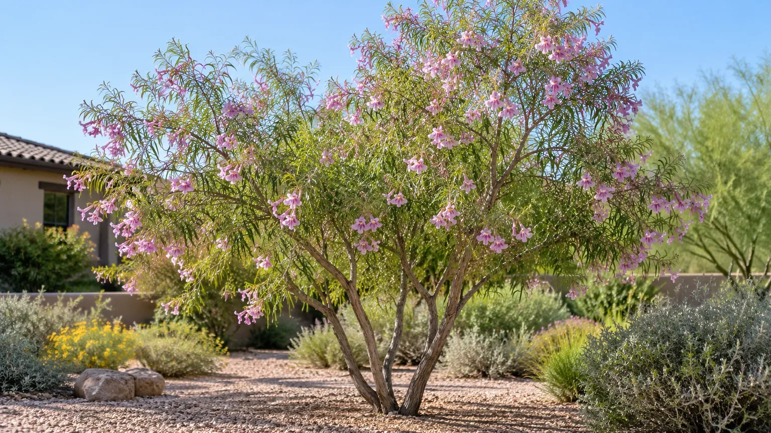 Healthy desert willow with pink trumpet flowers in a sunny Southwestern garden