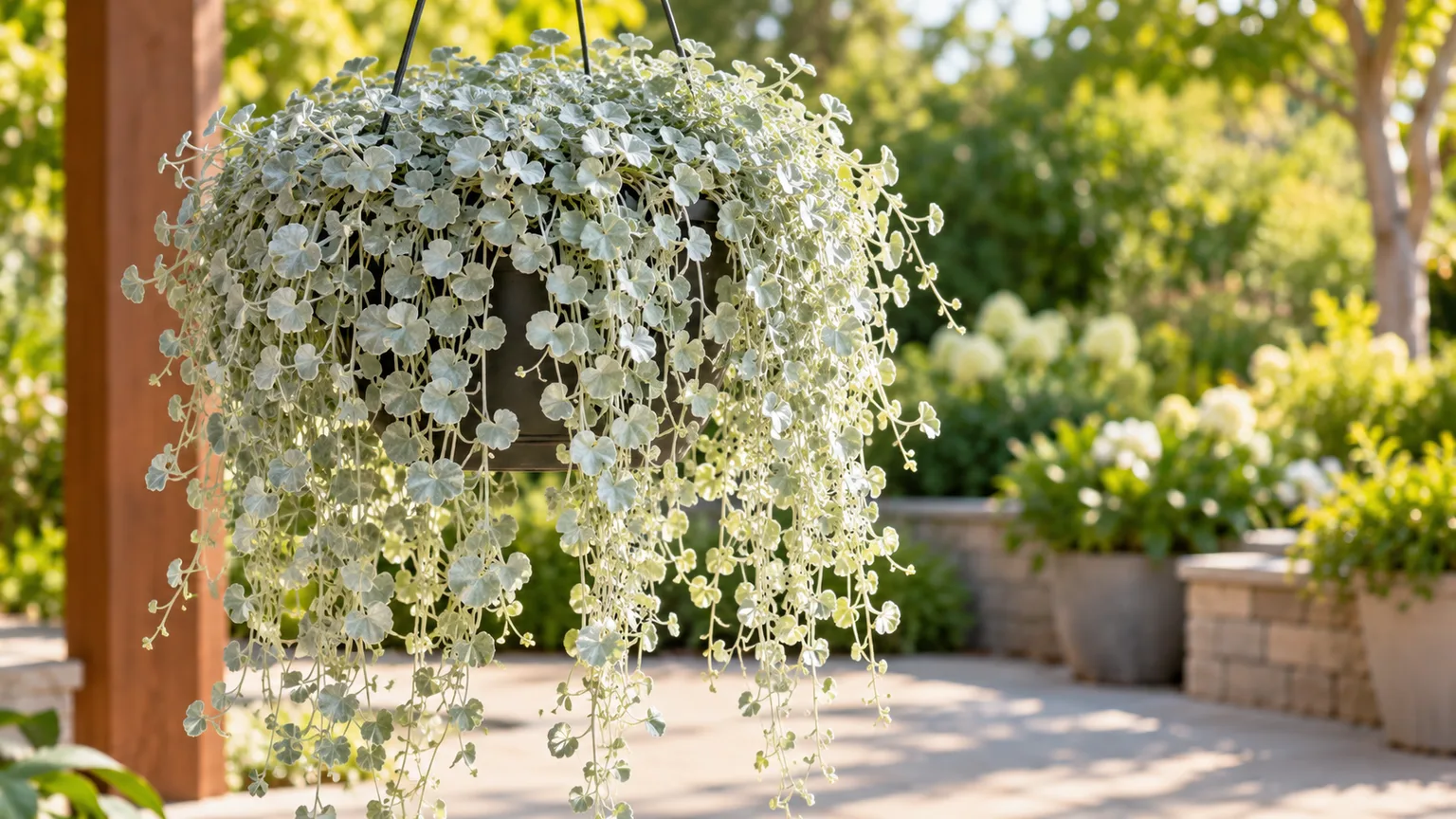 Healthy Silver Falls dichondra cascading from a hanging basket in a sunny garden
