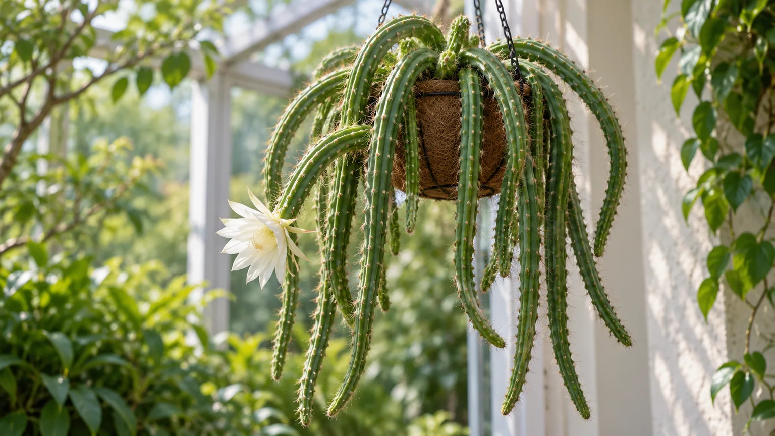 Healthy dog tail cactus with slender ribbed stems trailing from a hanging basket in filtered daylight