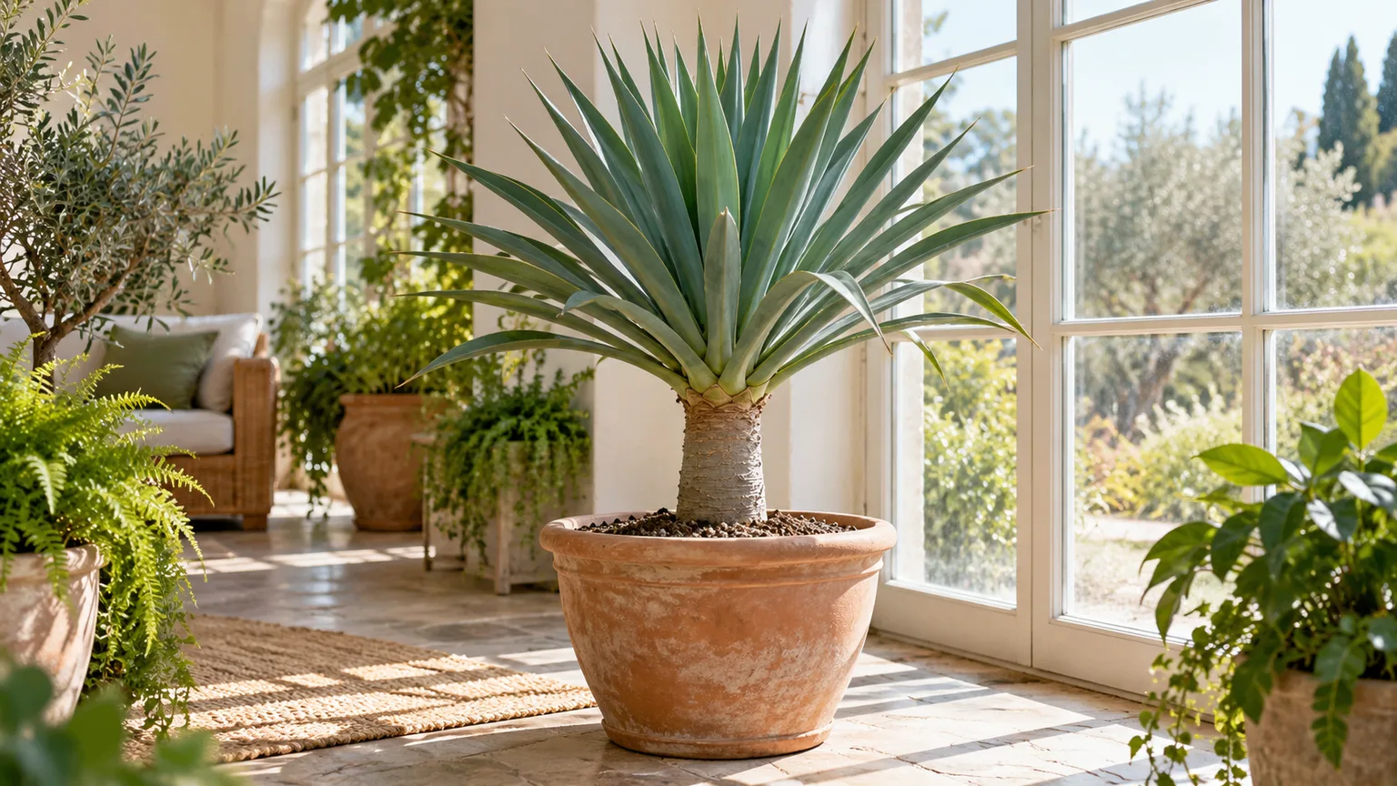 Healthy Dracaena draco with a stout trunk and blue-green sword-shaped leaves in a bright indoor room