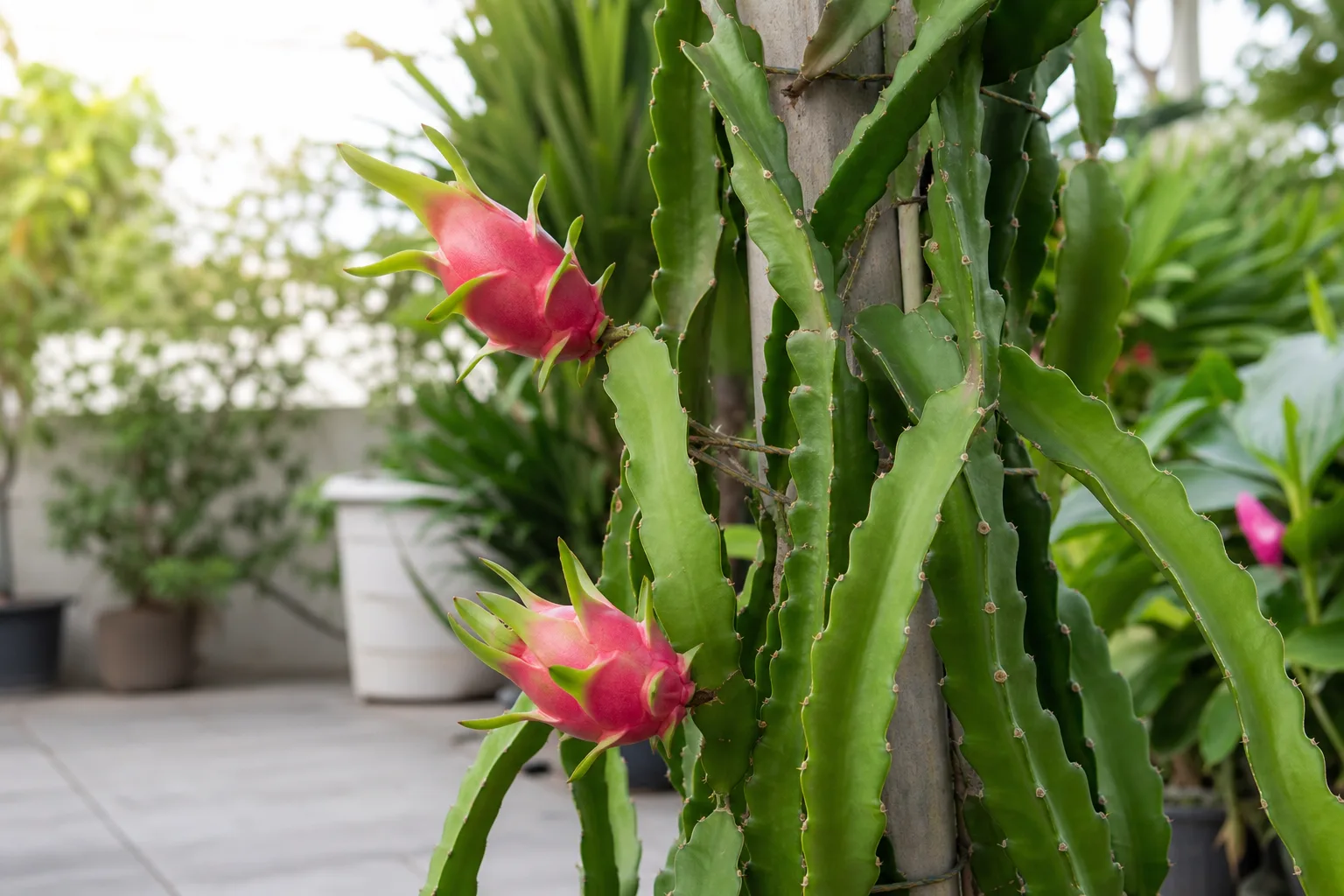 Dragon fruit cactus with ripe pink fruit climbing a support in a bright garden