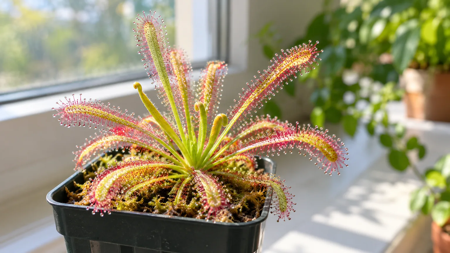 Cape sundew with red dew-tipped leaves growing in a bright windowsill pot