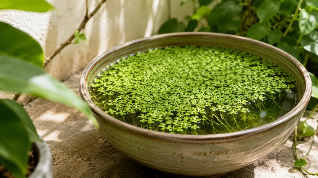 Duckweed aquatic plant in clean aquarium water