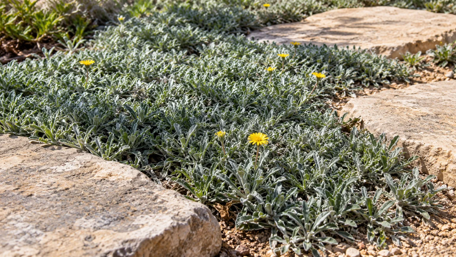 Dymondia silver carpet groundcover with yellow flowers between stone pavers