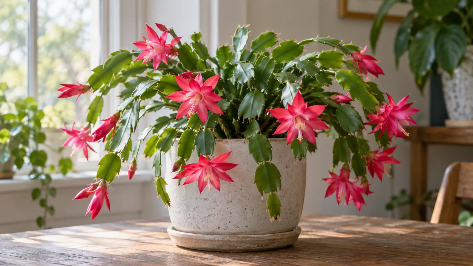 Healthy Easter cactus with red-pink star-shaped flowers and rounded segmented stems in filtered indoor light