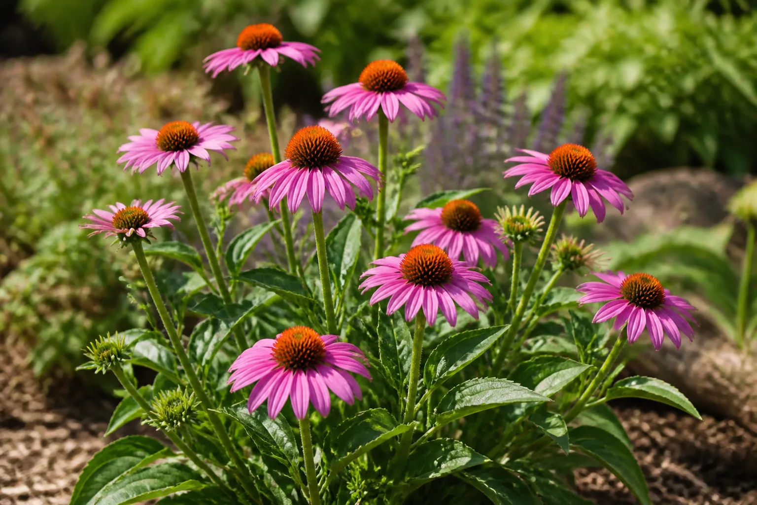 Pink coneflowers blooming in a sunny garden bed