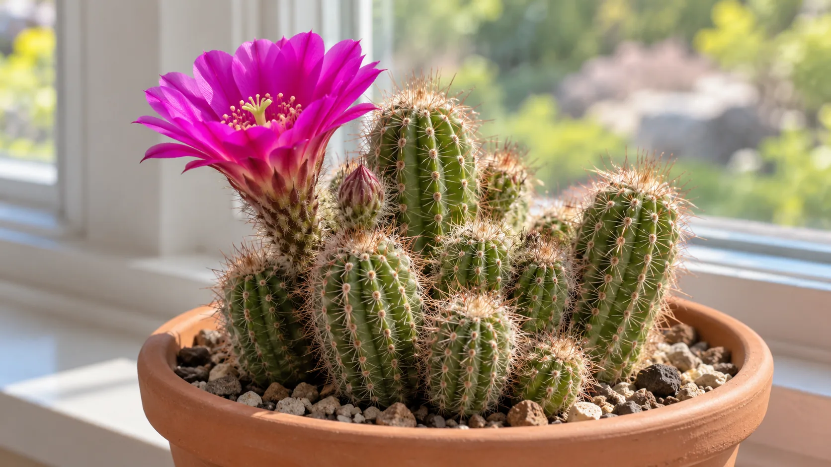 Flowering Echinocereus hedgehog cactus in a shallow terracotta pot by a bright window