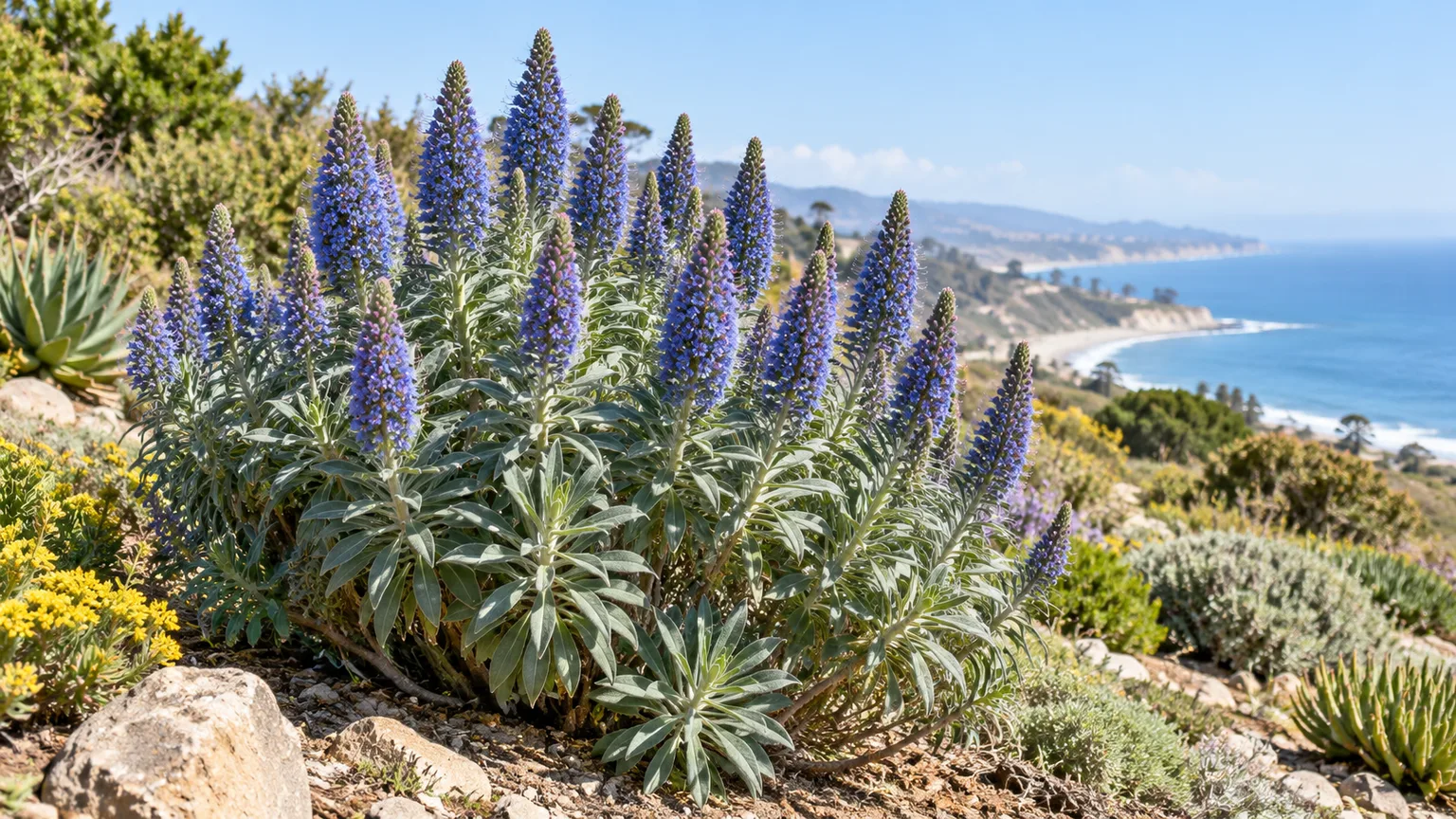 Pride of Madeira with blue-purple flower spikes and silvery foliage in a sunny coastal garden