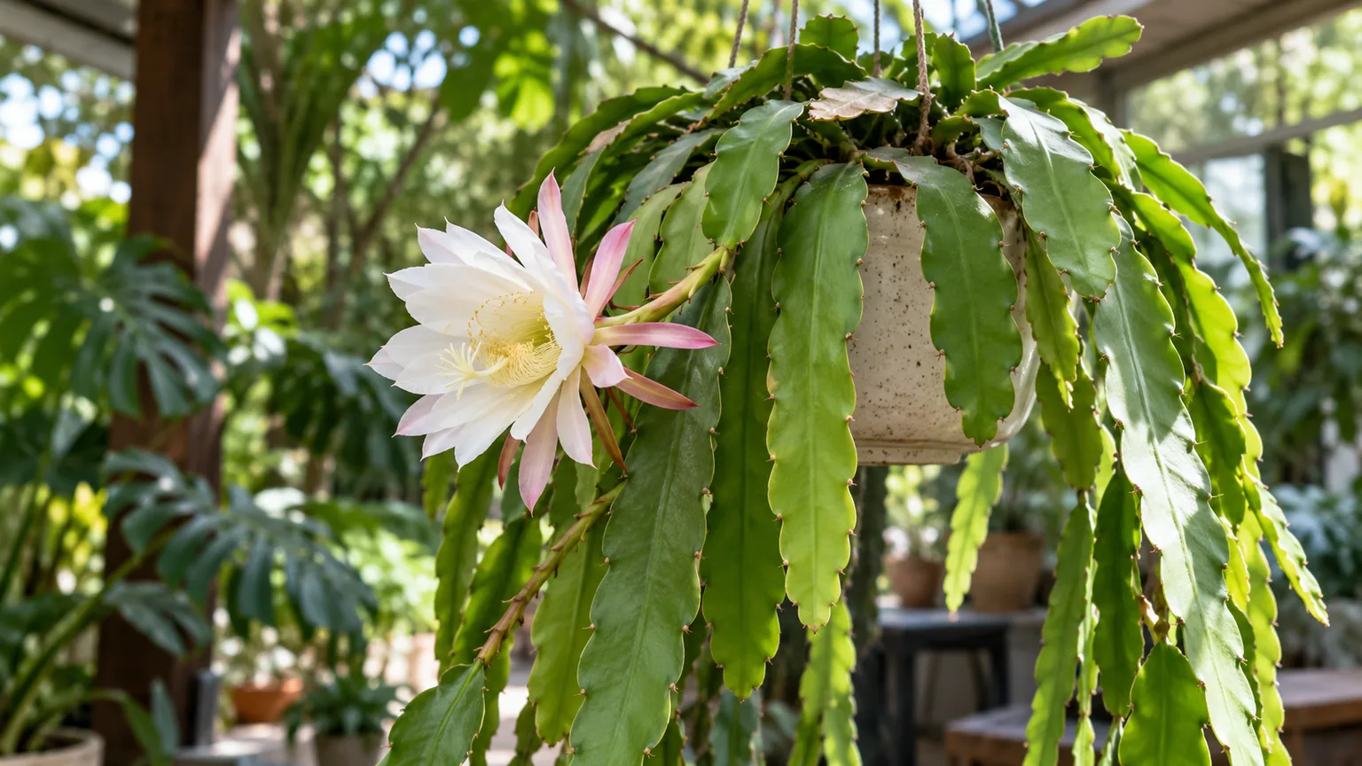 Healthy Epiphyllum orchid cactus with flattened trailing stems and a pale pink flower