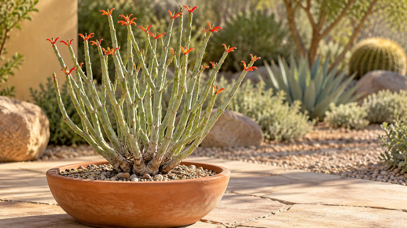 Healthy slipper plant with upright pale green stems and red-orange flowers in a sunny desert garden