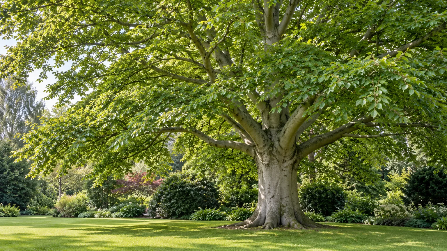 Mature European beech with a dense green canopy and smooth gray trunk