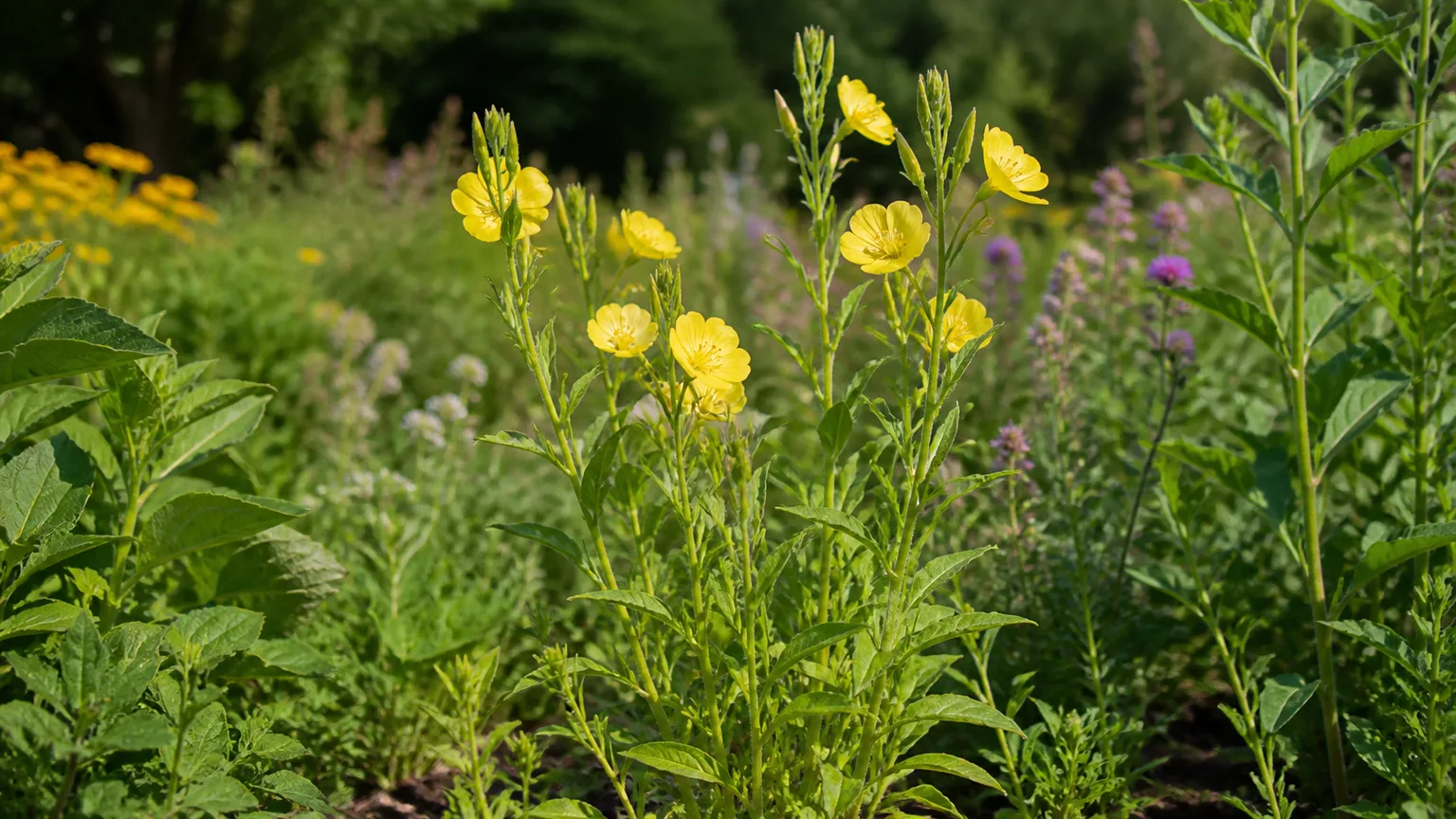 Healthy evening primrose with yellow flowers in a sunny garden border
