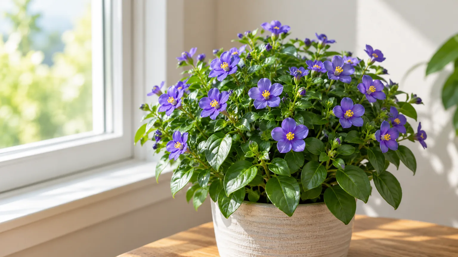 Healthy Persian violet with blue-violet flowers and yellow centers in a bright indoor window