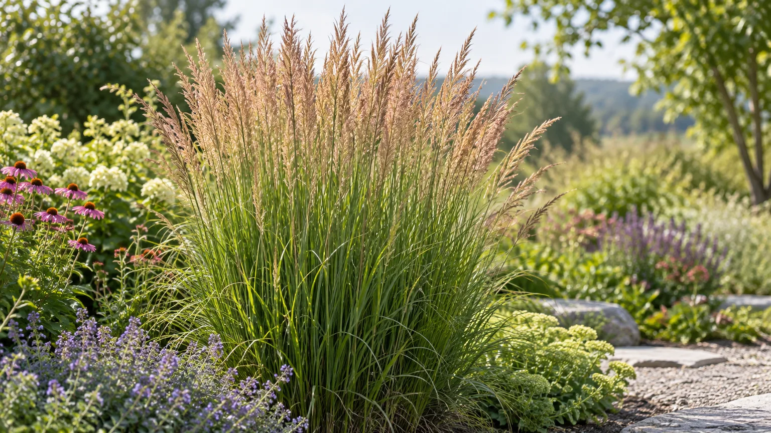 Upright feather reed grass with bronze plumes in a sunny perennial border