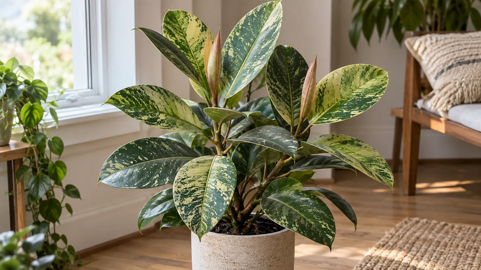 Healthy Ficus Shivereana with cream and yellow speckles on glossy green leaves