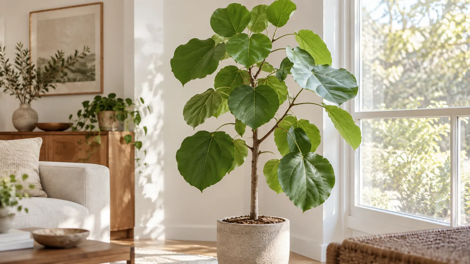 Healthy Ficus umbellata with broad heart-shaped leaves in a bright indoor corner