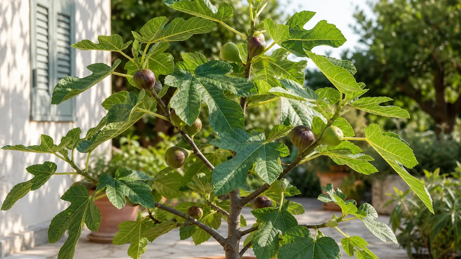 Healthy Chicago Hardy fig with lobed leaves and ripening purple fruit in a sunny garden