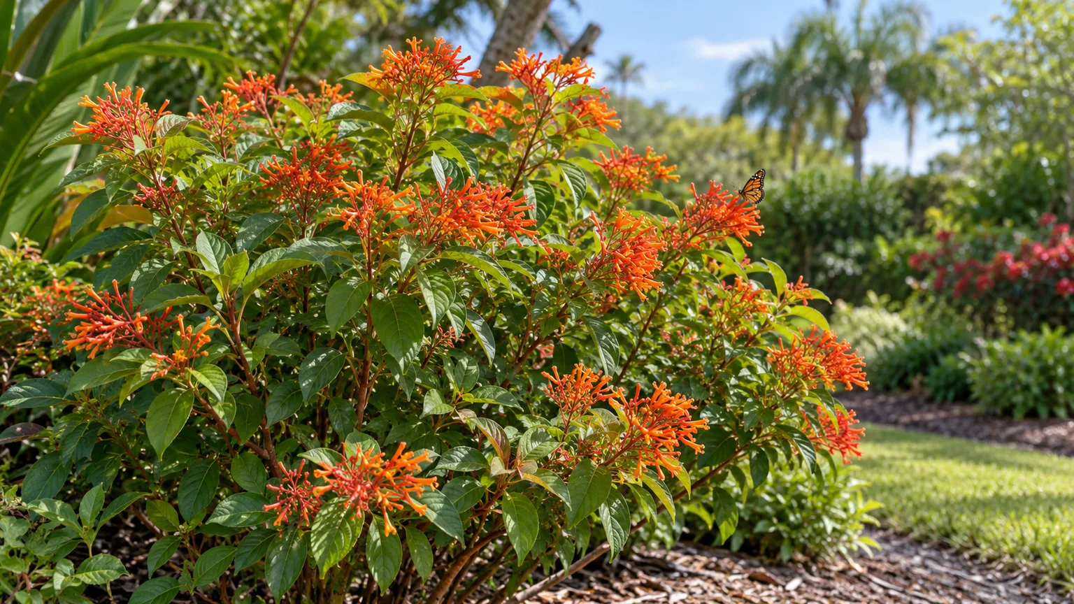 Healthy firebush shrub with green whorled leaves and orange-red tubular flowers in a sunny garden