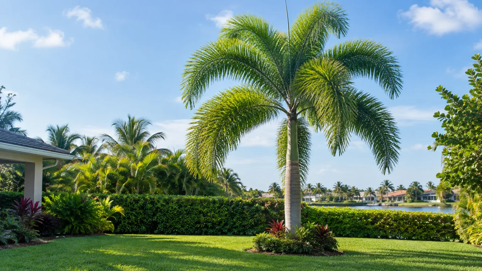 Healthy foxtail palm with a rounded, feathery crown in a sunny backyard