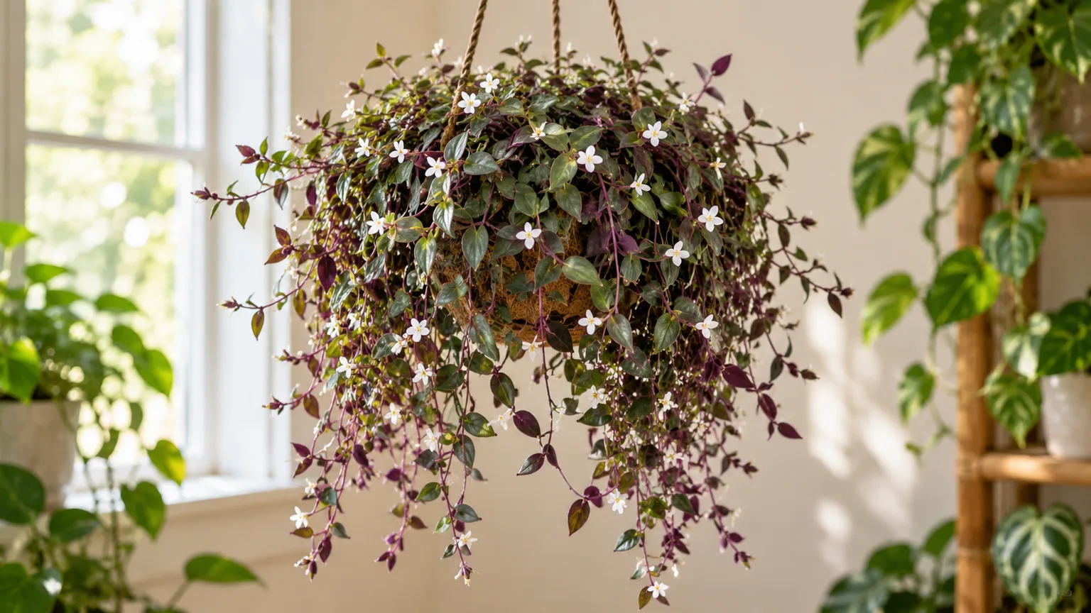 Healthy Tahitian bridal veil with cascading purple stems and tiny white flowers