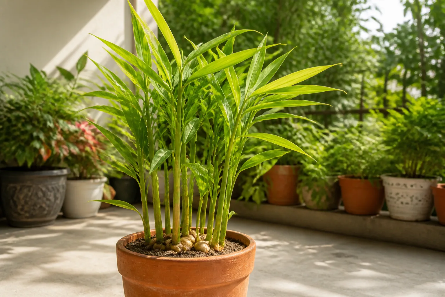 Healthy ginger plant growing in a warm container garden