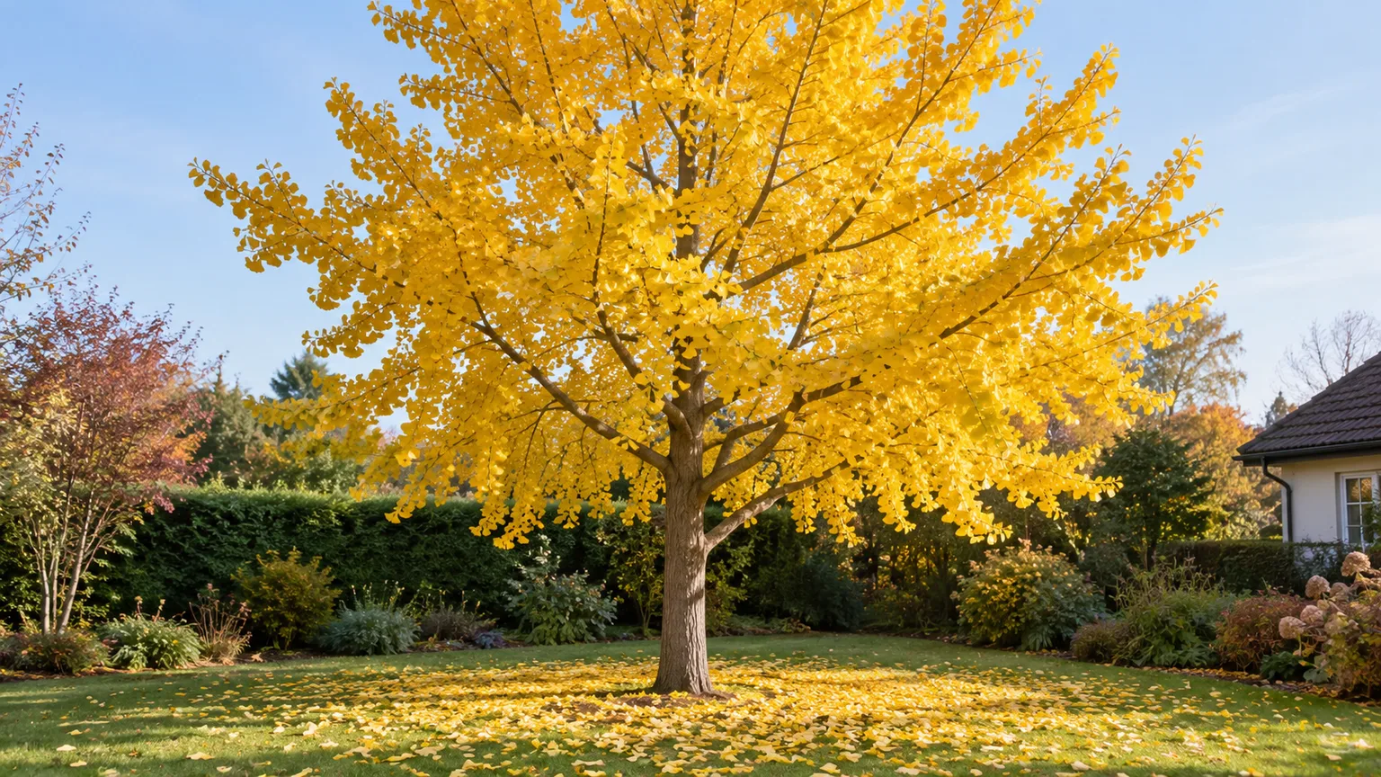 Ginkgo biloba tree with fan-shaped leaves turning golden yellow in autumn