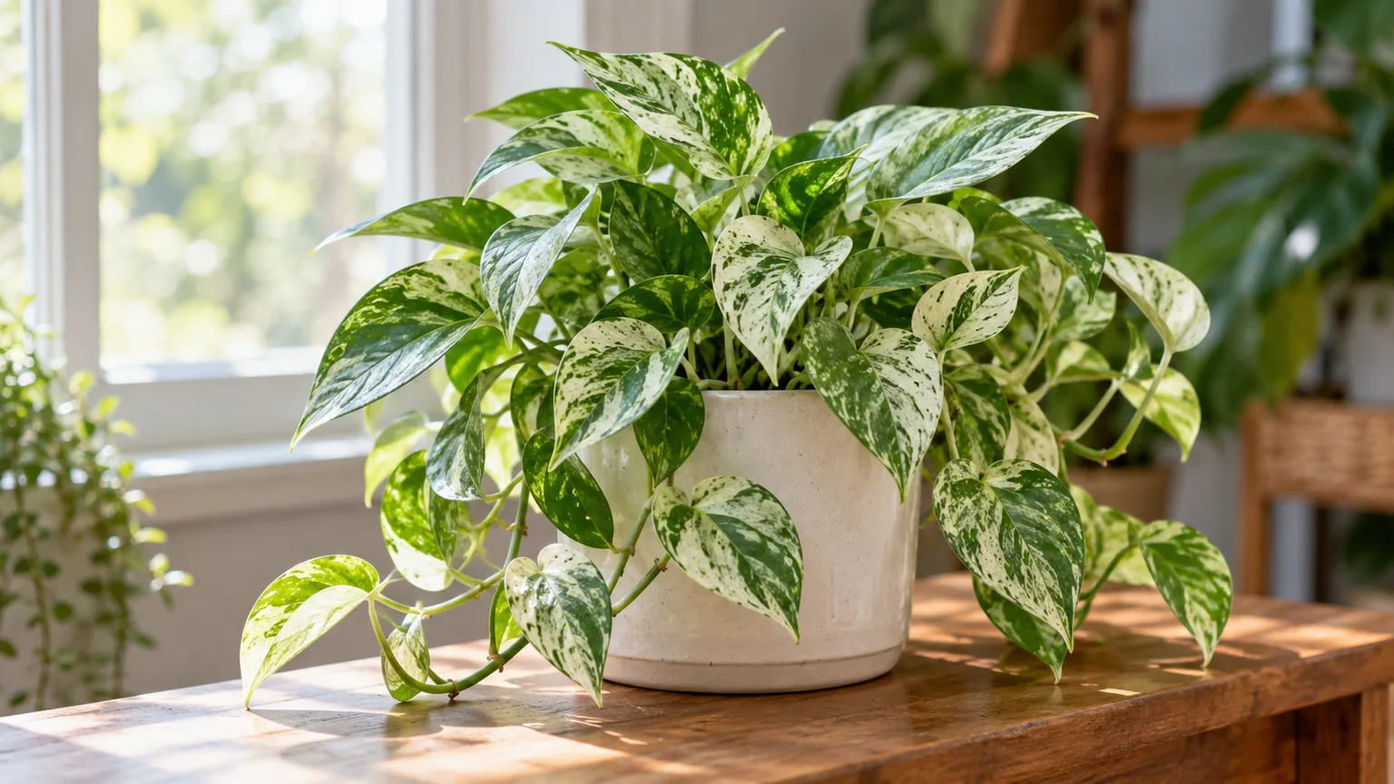 Healthy Glacier pothos with silver, green, and cream variegated leaves trailing from a ceramic pot